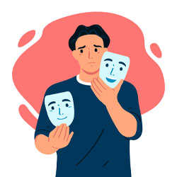 person holding two masks depicting happy and sad emotions with a colorful background