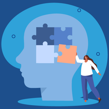 person placing puzzle piece on brain illustration representing mental health and problem solving with emphasis on 9 psychological strategies